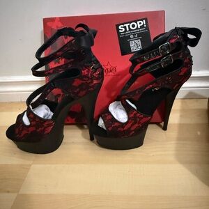 Pleaser Black and Red Strappy Lace Heels